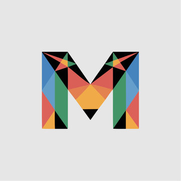 A colorful letter M is constructed from geometric triangles on a light gray background.