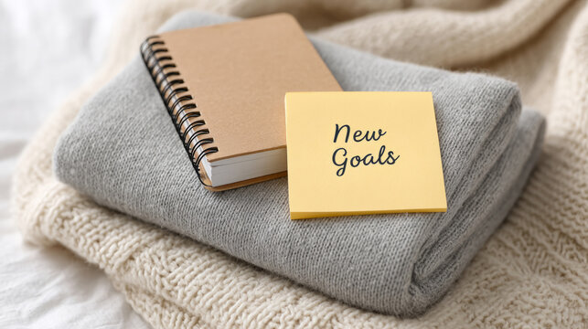 Cozy setting with warm blankets and new goals notepad