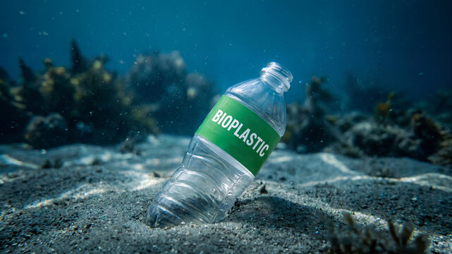 An eco-friendly bottle on a sandy seabed, showcasing innovative marine biodegradable materials like LAHB and CDA
