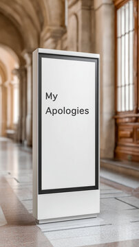 Apology message on standing signboard in elegant historic hallway setting