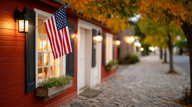 Charming american street with flag in autumn setting