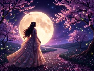 Title: Full Moon and Cherry Blossoms at Night - Magical Sakura Moon Digital Art
