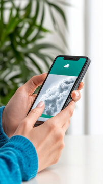 Female hands using smartphone with weather app displaying cloudy forecast indoors
