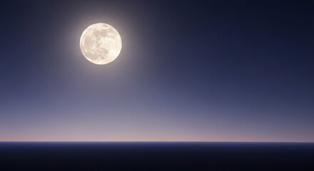 Obraz premium Full Moon Glowing Bright Over The Dark Calm Horizon Of A Peaceful Ocean At Midnight