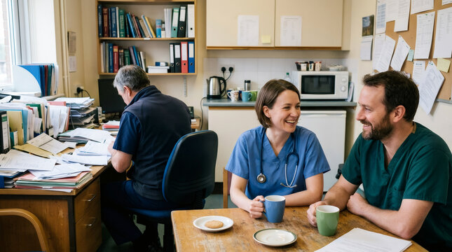 Woman doctor and man surgeon in hospital canteen having coffee break. Medical staff resting in clinic break room. Professional healthcare team communication and wellness at workplace.