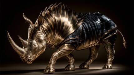 Fototapeta premium Exquisite Abstract Metal Sculpture of a Rhinoceros Featuring Dynamic Textures and Striking Design Elements