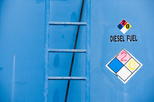 Diesel fuel signage on the side of a fuel tanker