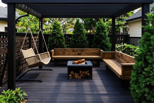 Modern backyard patio features dark wood deck pergola with swing chair benches and fire pit surrounded by rich green plants. Outdoor living space for relaxation and entertainment.