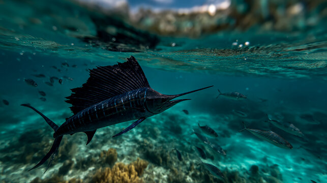 Sailfish chasing fish underwater in clear turquoise ocean near shallow coral reef