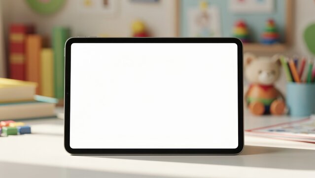 Modern digital tablet with blank white screen mockup on a study desk, blurred bright colorful kindergarten classroom background with teddy bear and books, educational app promotion.