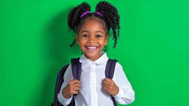 A beautiful black girl is ready for the start of school, standing against a flat green background, wearing a white shirt and a backpack.