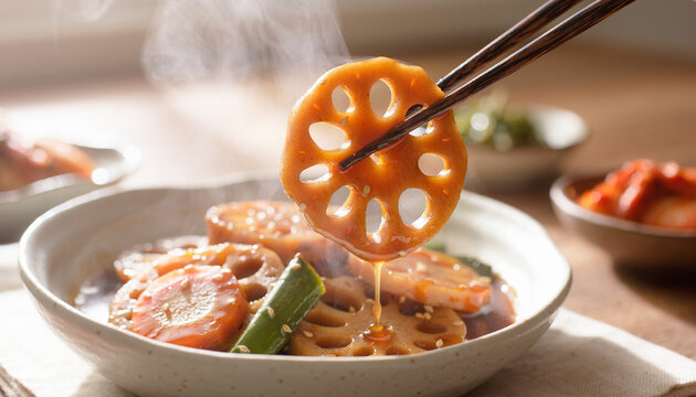 Close-up of chopsticks picking up a slice of braised lotus root. suitable for food menus, asian cuisine websites, and restaurant promotional materials.