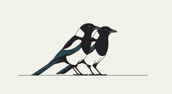 Two stylized magpies side by side simple black and white graphic illustration