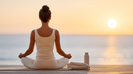 Fototapeta premium Tranquil summer vacation sunrise yoga by the seaside