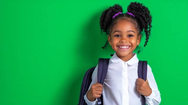 A beautiful black girl is ready for the start of school, standing against a flat green background, wearing a white shirt and a backpack.