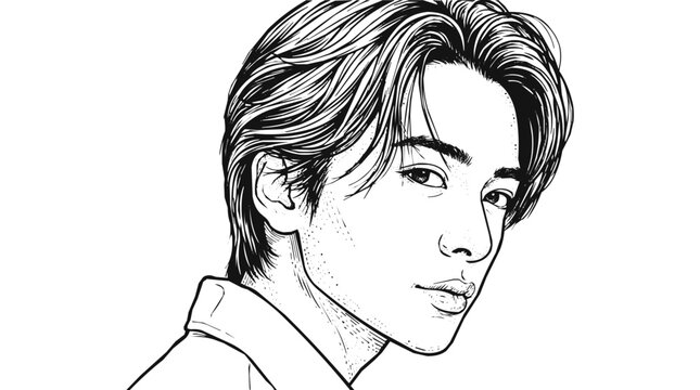 Male - Detailed Line Art of a Young Man Portrait featuring a Handsome Character Illustration in Minimalist Manga Style