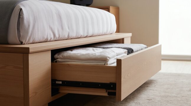Modern bedroom features built-in storage drawer beneath bed. Light wood construction holds folded bedding inside. Minimalist design offers space saving solution for small rooms. Interior detail shows