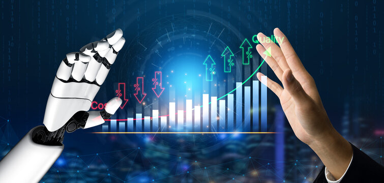 Futuristic Robot Hand Interacting with Human Hand Against Background of Digital Graphs and Charts Showing Financial Growth and Decline Metrics. Bitwise.