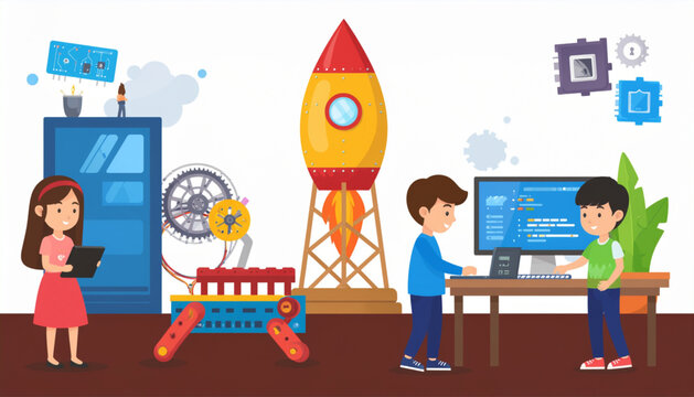 Future Digital Skills for Children Vector Illustration, Kids Learning Coding, AI, Robotics and Cybersecurity
