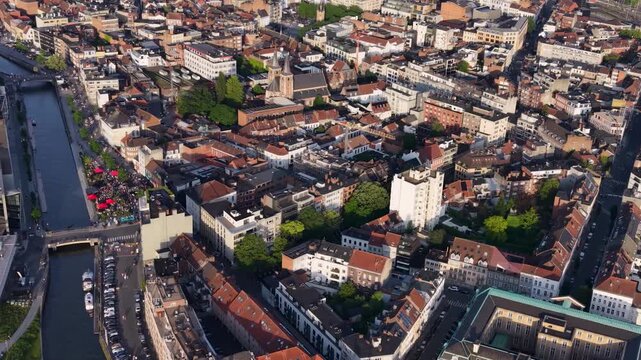 Aerial view beside the old town above the city Kortrijk in Belgium, on a sunny afternoon in early summer.