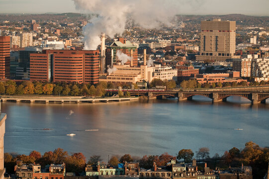 High angle view of a power plant at the riverside, Cambridge