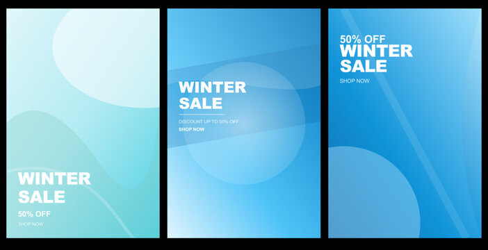 Set of three winter sale social media story templates with abstract blue and green gradient backgrounds and geometric shapes