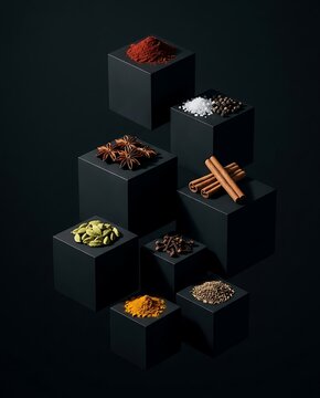 Minimalist Composition of Various Spices and Herbs on Black Cubes