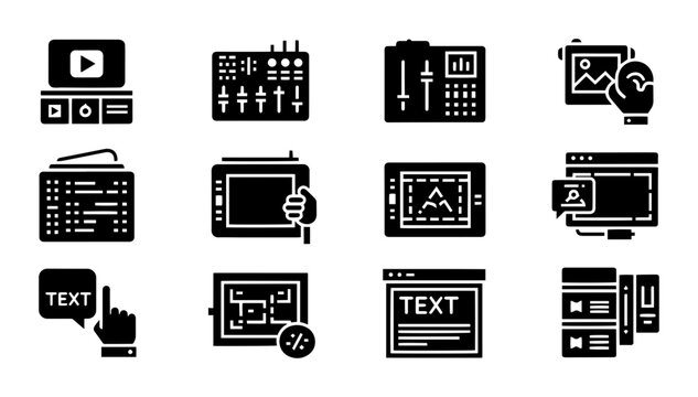 Digital Media Production Icons, Video Editing Tools, Graphic Design Workflow, Web Development Elements
