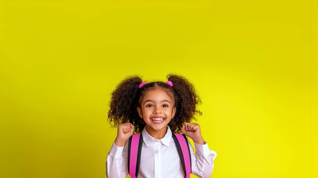  A beautiful black girl is ready for the start of school, standing against a flat yellow background, wearing a white shirt and a backpack.