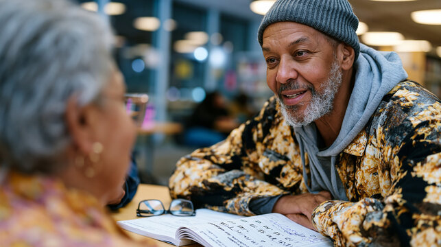 Senior literacy tutor volunteer seated across from an adult learner at a library table with a simple phonics workbook between them, reading glasses resting on the table, handwritten notes in the mar