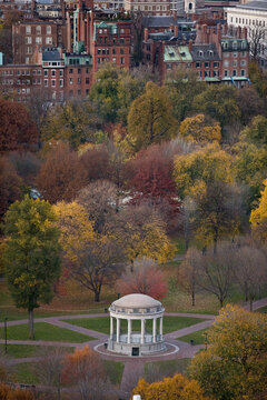 Gazebo in a park with buildings in the background, Parkman Bandstand, Boston Common