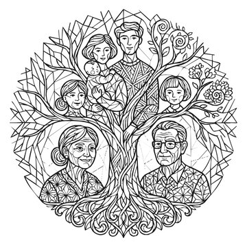Detailed Family Tree Illustration Representing Genealogy and Ancestry with Multi-Generational Lineage Across Various Generations of a Happy Family