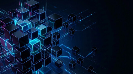 Obraz premium Glowing abstract cube formation with neon light lines, symbolizing data, network, or technology.