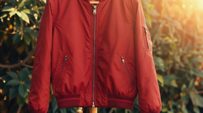 Red bomber jacket hangs outdoors in warm sun. Casual outerwear made from shiny nylon fabric. It features zippered pockets and a classic sporty style. Perfect for spring or autumn wear.