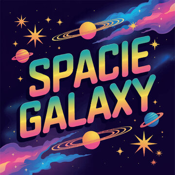 Colorful space themed galaxy with planets and stars in pixel art style Vector, illustration