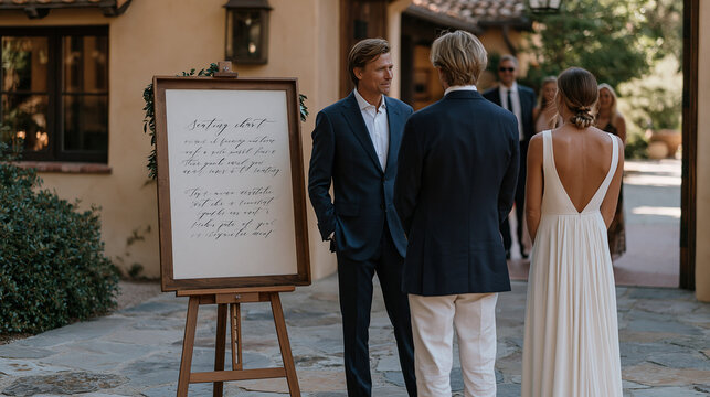 Handwritten wedding sign in modern calligraphy displayed on a wooden easel at venue entrance reading seating chart instructions, greenery draped at corners, guests glancing at it