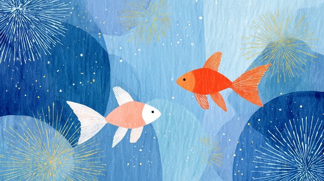 Ukiyo-e style goldfish and fireworks japanese summer festival il