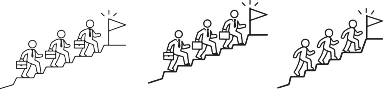 Group of people walking a zigzag path icon set symbolizing teamwork, progress, growth and success.