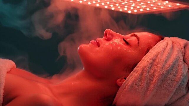 Young woman undergoing red light therapy facial treatment with facial steam in a professional spa wellness center