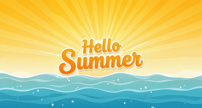 Hello summer. Banner set hello summer with sunburst. Sumer illustration. Text summer in lettering style. Vector

