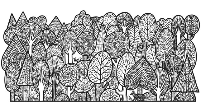 Intricate zentangle forest coloring page featuring nature line art with whimsical trees and woodland wildlife for creative relaxation