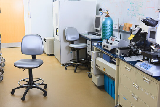 University chemistry laboratory with x-ray fluorescence analyzers and compressed gas cylinder