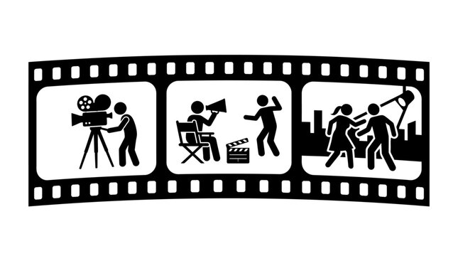 Filmmaking process with camera director and actors on set.