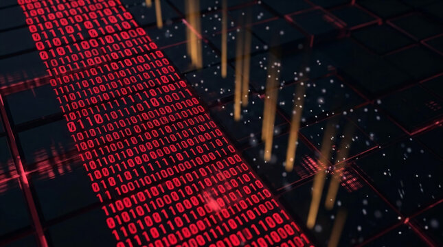 Red binary code glows on a dark grid, with abstract light streaks and particles, representing digital data and technology's immersive nature