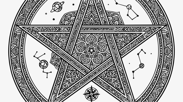 Intricate Pentagram Mandala with Occult Celestial Symbols and Esoteric Patterns for a Mystical Pagan Altar or Witchcraft Sacred Space Illustration