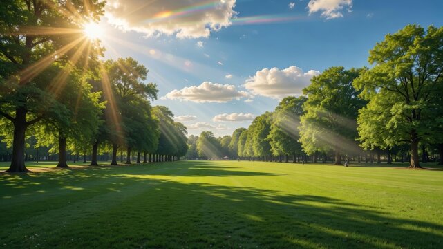Sunrays Streaming Through Lush Green Trees onto a Vast Lawn in a Beautiful Public Park
