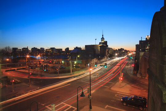Leverett Circle at dusk at edge of transportation station looking toward Museum Of Science