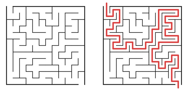 Square maze labyrinth puzzle with solution path highlighted. PNG, white background. Brain teaser game, logic challenge, education concept, problem solving