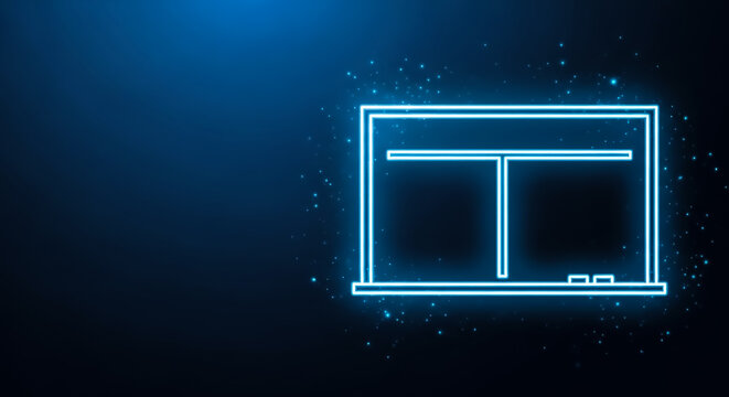 A stylized, glowing window frame resembling a computer screen or futuristic interface against a dark cosmic backdrop with twinkling stars.