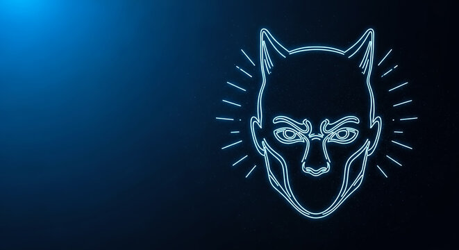 A sleek, illuminated cat face design with glowing lines and light rays emanating from its eyes, set against a deep blue gradient backdrop.